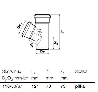 Vidaus kanalizacijos trišakis Wavin, Ø 50/110 mm, 67°