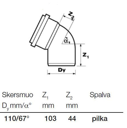 Vidaus kanalizacijos alkūnė Wavin,  Ø 110 mm, 67 °