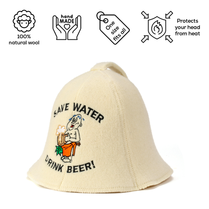 Sauna Hat ‘Save Water’ 100% Wool