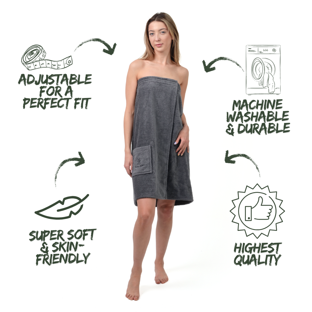 Women's Sauna Wrap Towel with Pocket - 100% Cotton, Adjustable Fit