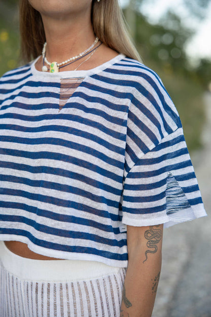 Energia – Kurzes Top aus 100 % Leinen, Marineblau 