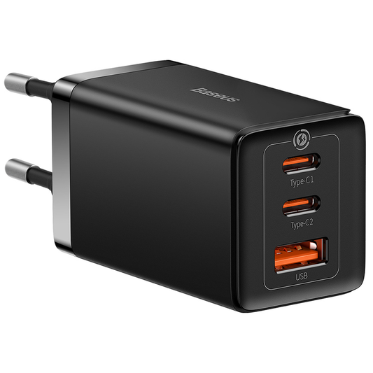 ⚡ Baseus GaN5 Pro 65W Melns - 3 Portu Lādētājs | 2x USB-C + USB | 100 cm Kabelis | Ceļojumiem