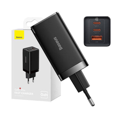 ⚡ Baseus GaN5 Pro 65W Melns - 3 Portu Lādētājs | 2x USB-C + USB | 100 cm Kabelis | Ceļojumiem