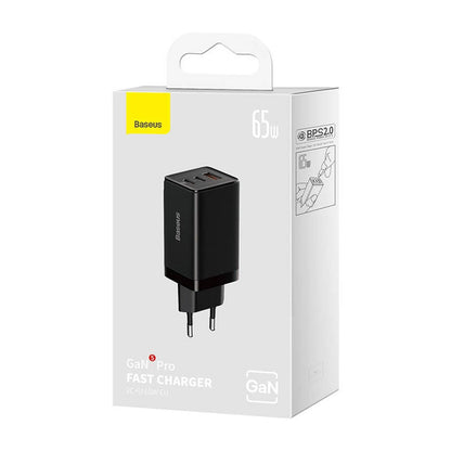 ⚡ Baseus GaN5 Pro 65W Melns - 3 Portu Lādētājs | 2x USB-C + USB | 100 cm Kabelis | Ceļojumiem