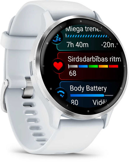 Garmin Venu 3 išmanusis laikrodis sidabro - 14d baterija, AMOLED, AI treneris
