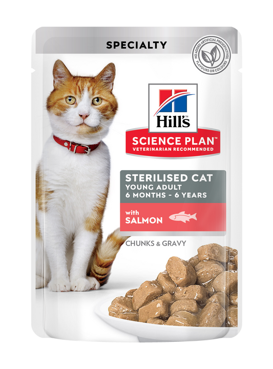 Hill's Science Plan sterilizuotoms suaugusioms katėms su žuvimi ir lašiša 12x85 g guliašai