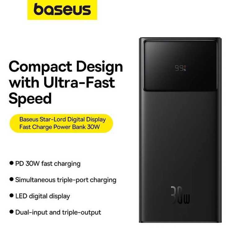 🔋 Baseus Star-Lord Power Bank 30000 mAh 30W melns - digitālais displejs | 4 stundu uzlāde | Li-Pol | PPXJ3030