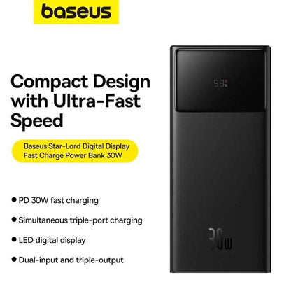🔋 Baseus Star-Lord Power Bank 30000 mAh 30W melns - digitālais displejs | 4 stundu uzlāde | Li-Pol | PPXJ3030