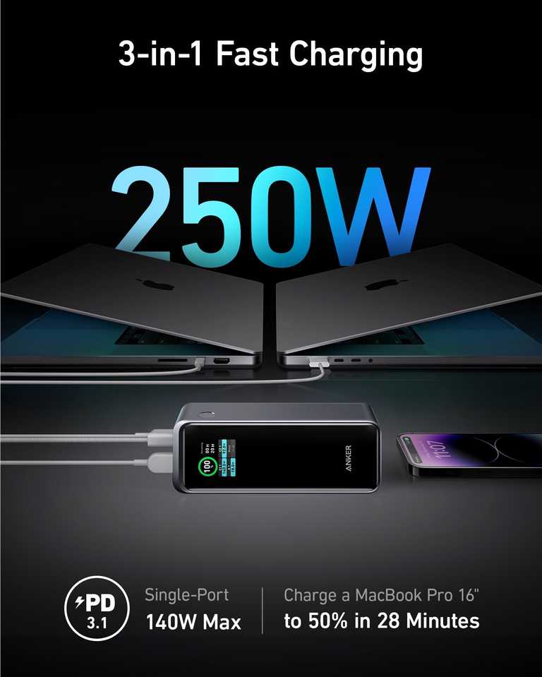 🔋 Anker Prime Power Bank 27650 mAh 250W melns - PD 3.1 | Anker lietotne | MacBook Pro | 37 min uzlāde