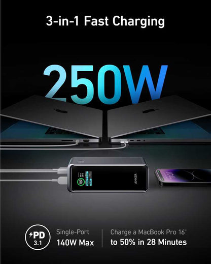 🔋 Anker Prime Power Bank 27650 mAh 250W melns - PD 3.1 | Anker lietotne | MacBook Pro | 37 min uzlāde
