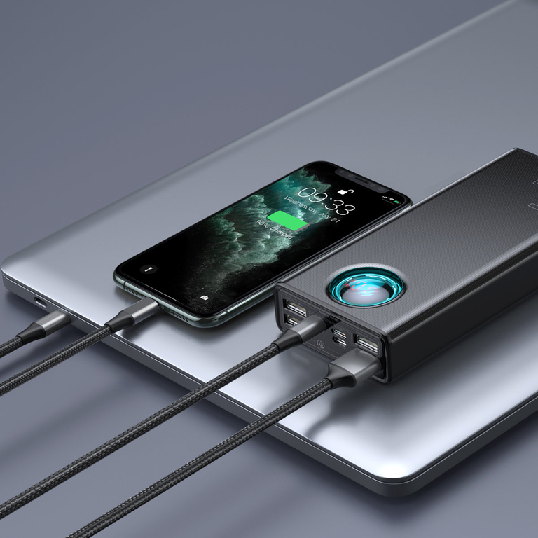 🔋 Baseus Amblight Power Bank 30000 mAh 65W melns - klēpjdatora lādētājs | USB-A + USB-C | LiPo