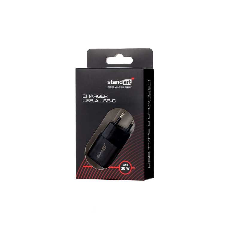 ⚡ Standarta GT-MJ65 tālruņa lādētājs 30W melns - USB + USB-C | Ātra uzlāde | Klasisks dizains