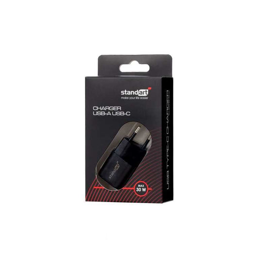 ⚡ Standardowa ładowarka do telefonu GT-MJ65 30 W, czarna – USB + USB-C | Szybkie ładowanie | Klasyczny design