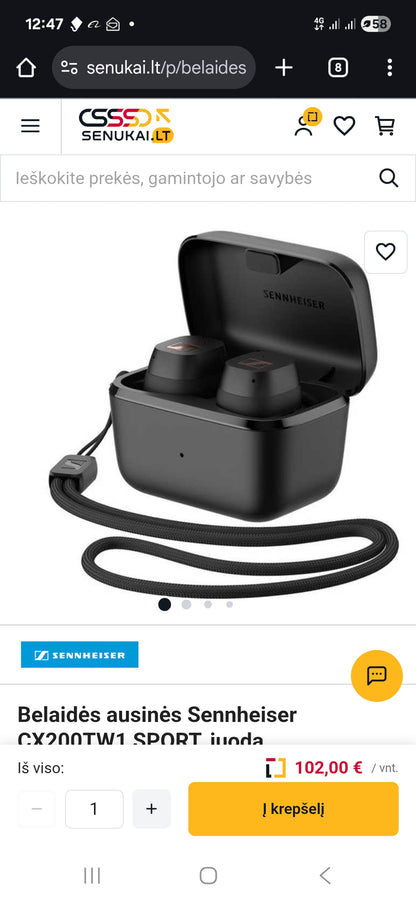 Sennheiser CX200TW1 SPORT – belaidės ausinės sportui