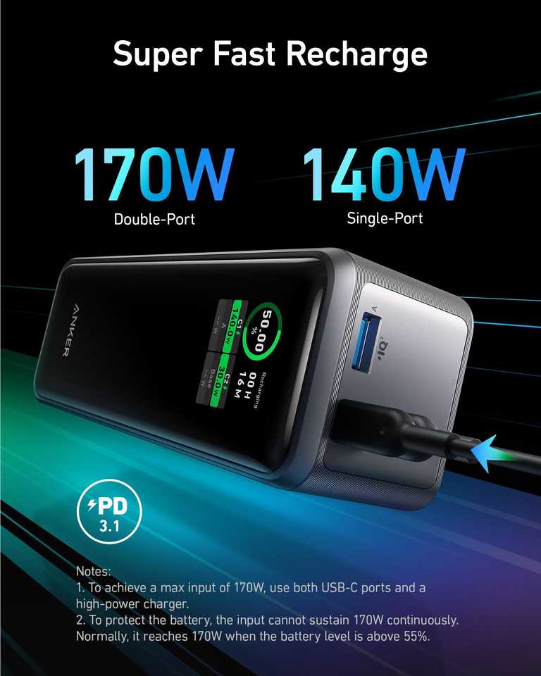 🔋 Anker Prime Power Bank 27650 mAh 250W melns - PD 3.1 | Anker lietotne | MacBook Pro | 37 min uzlāde