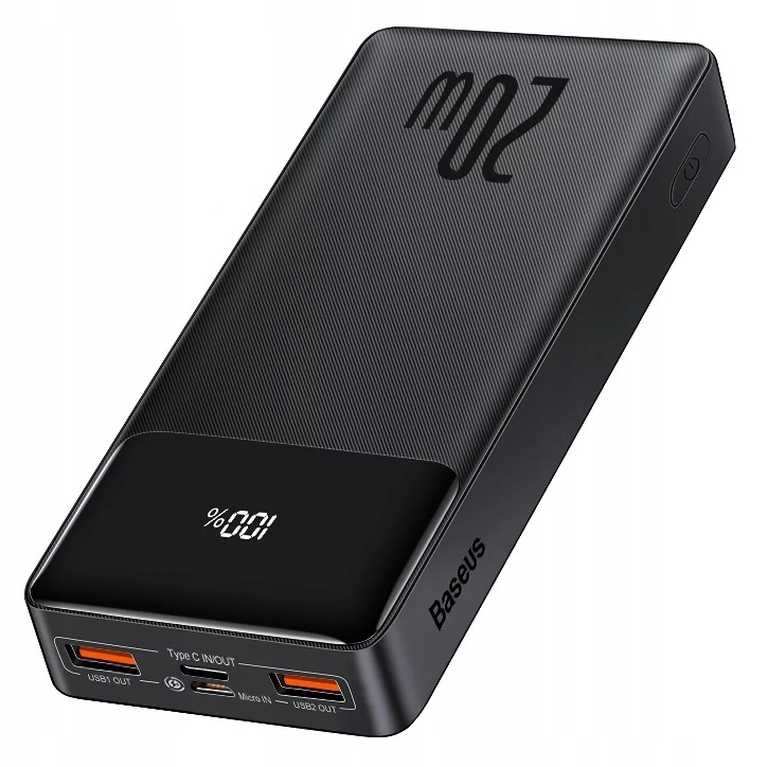 Powerbank Baseus 20000 mAh 20 W, czarny – z ekranem | USB + USB-C | Li-ion | Niezawodne źródło energii