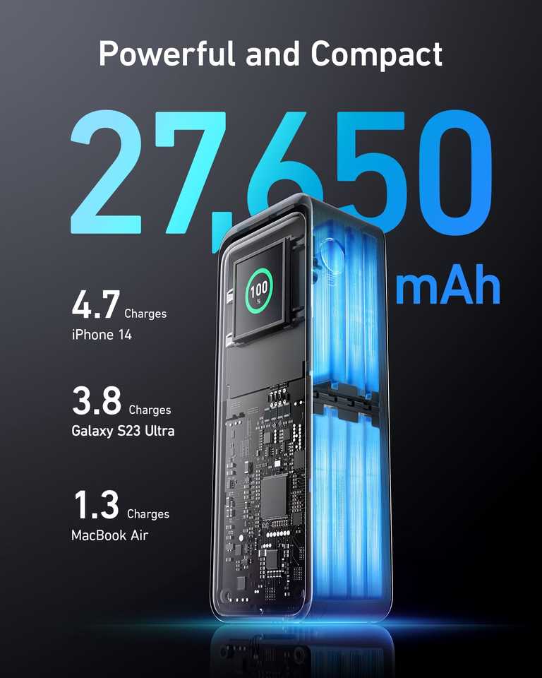 🔋 Anker Prime Power Bank 27650 mAh 250W melns - PD 3.1 | Anker lietotne | MacBook Pro | 37 min uzlāde