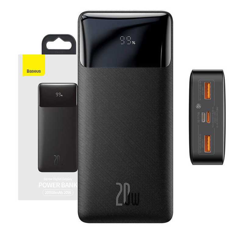 Powerbank Baseus 20000 mAh 20 W, czarny – z ekranem | USB + USB-C | Li-ion | Niezawodne źródło energii
