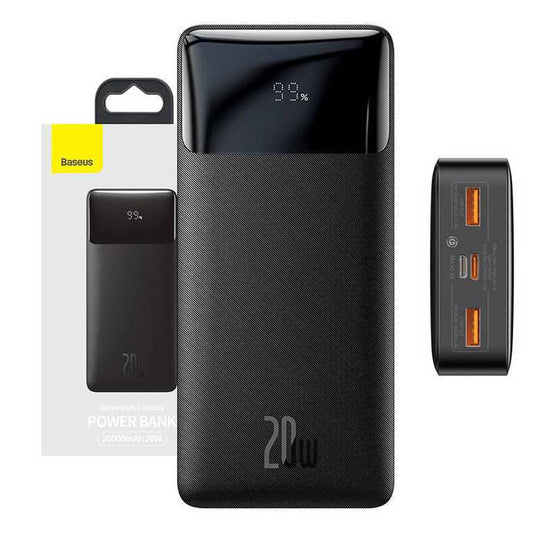 🔋 Baseus Power Bank 20000 mAh 20W melns - ar ekrānu | USB + USB-C | Li-ion | Uzticams enerģijas avots