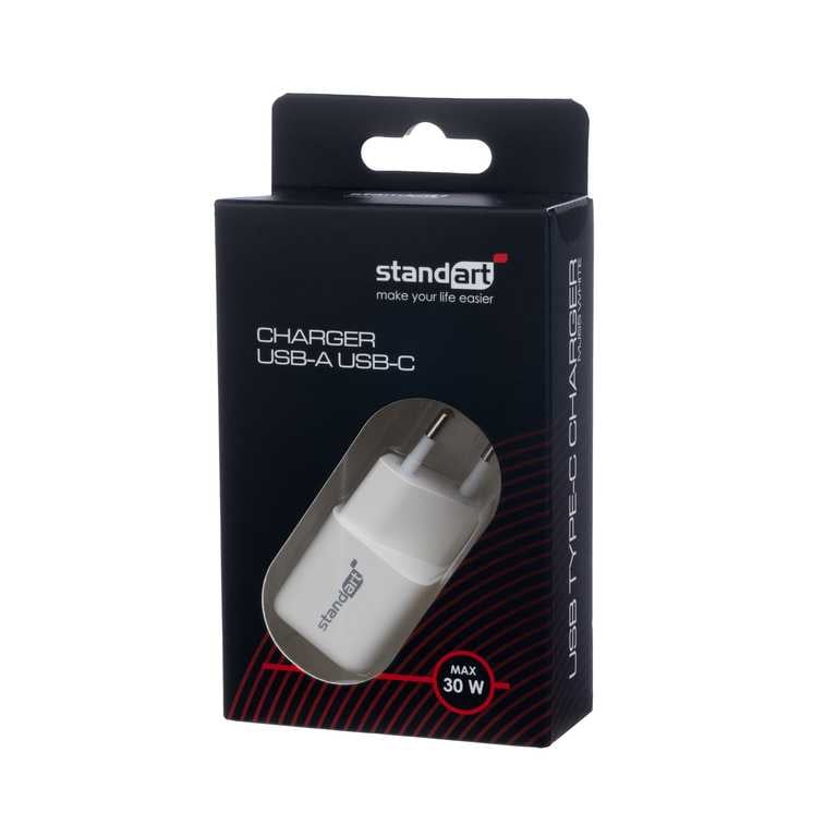 ⚡ Standarta GT-MJ65 tālruņa lādētājs 30W balts - USB + USB-C | Ātrā uzlāde | Kompakts