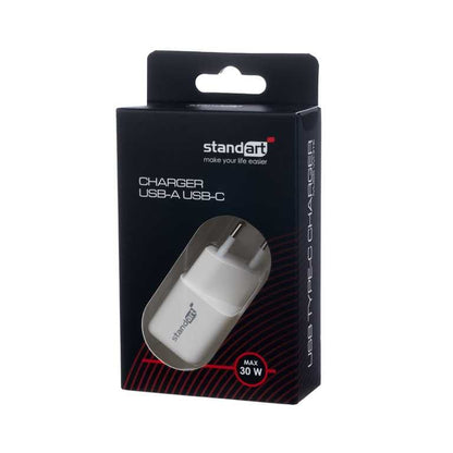 ⚡ Standarta GT-MJ65 tālruņa lādētājs 30W balts - USB + USB-C | Ātrā uzlāde | Kompakts