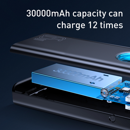 🔋 Baseus Amblight Power Bank 30000 mAh 65W melns - klēpjdatora lādētājs | USB-A + USB-C | LiPo
