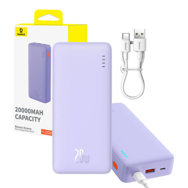 💜 Baseus Airpow Power Bank 20000 mAh 20W violets - stilīgs lādētājs | Divvirzienu ātrā uzlāde | LiPo