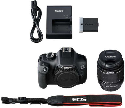 Canon EOS 4000D bezspoguļkamera — 18 MP digitālā spoguļkamera + 18–55 mm objektīva komplekts