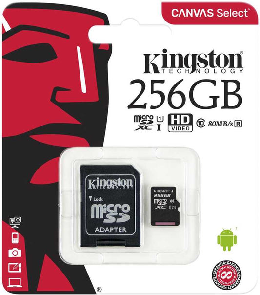 💾 Kingston Canvas Select Plus 256GB MicroSD - 100MB/s | A1 klase | Android optimizēta | Ar SD adapteri