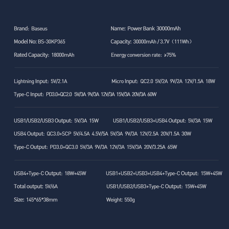 🔋 Baseus Amblight Power Bank 30000 mAh 65W melns - klēpjdatora lādētājs | USB-A + USB-C | LiPo